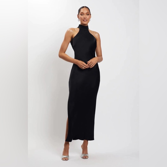 Satin Drape Back Maxi Dress with Split Black Small - Picture 4 of 15